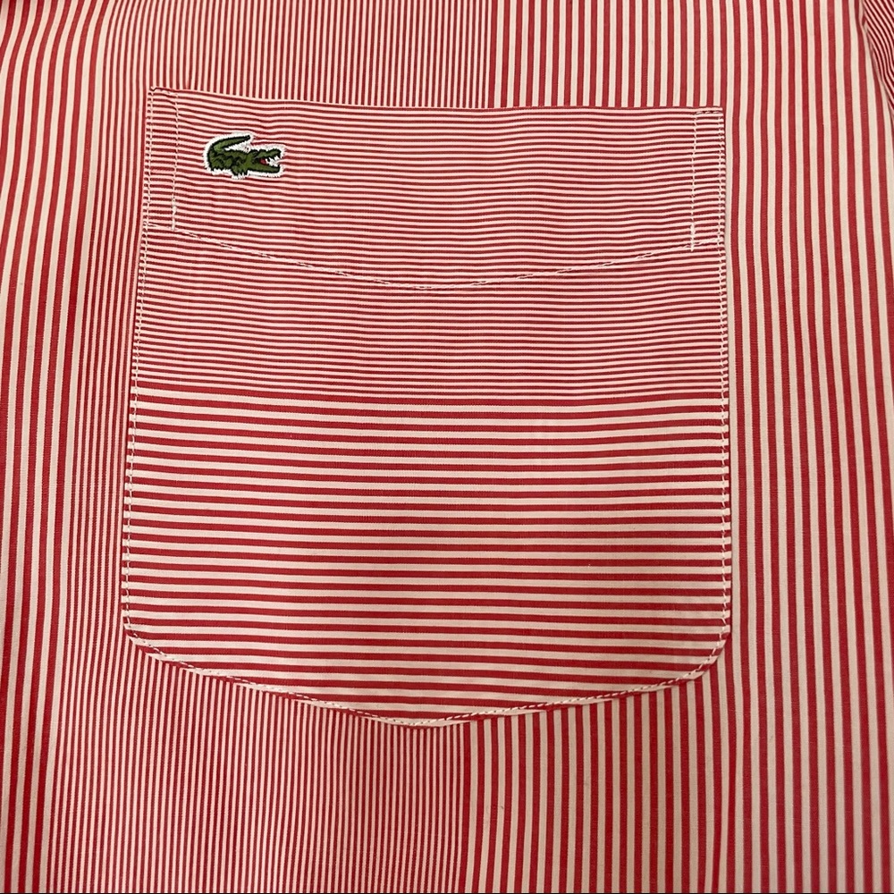 Lacoste Multi-stripe long sleeve collarless button up shirt.